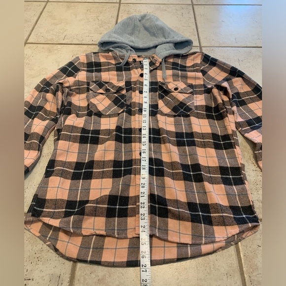 Amnesia Black & Peach Plaid Hooded Flannel Shirt - Size Medium - Picture 6 of 6